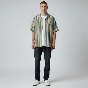 Faconnable Mens Short Sleeve Button Down Shirt Multi Color Stripe Cotton Large